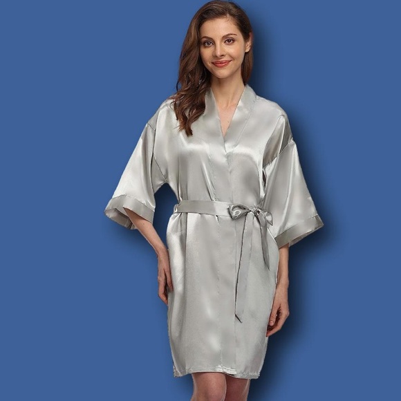 Kimono short Satin Robe Silver XL M MULTIPLE SIZES - Picture 2 of 12